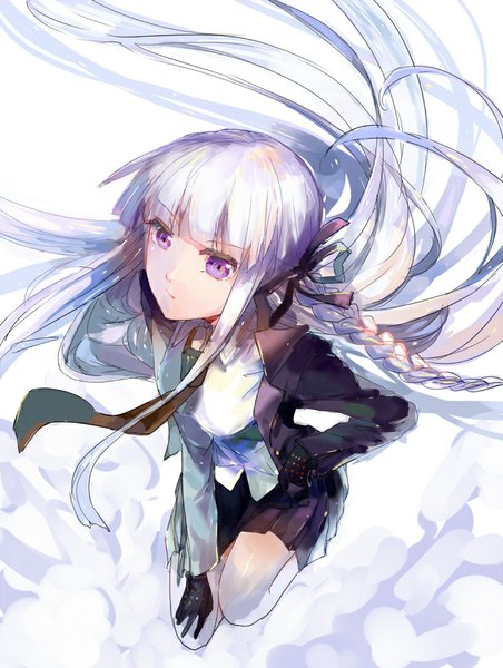 Anime picture 678x900 with dangan ronpa kirigiri kyouko shinta hoshi-to single long hair tall image looking at viewer fringe purple eyes purple hair bent knee (knees) braid (braids) pleated skirt from above single braid girl skirt gloves ribbon (ribbons) hair ribbon