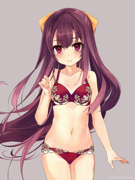 Anime picture 750x1000 with kantai collection kamikaze destroyer shirokitsune single tall image looking at viewer blush fringe light erotic simple background smile hair between eyes standing purple eyes bare shoulders signed purple hair very long hair parted lips grey background