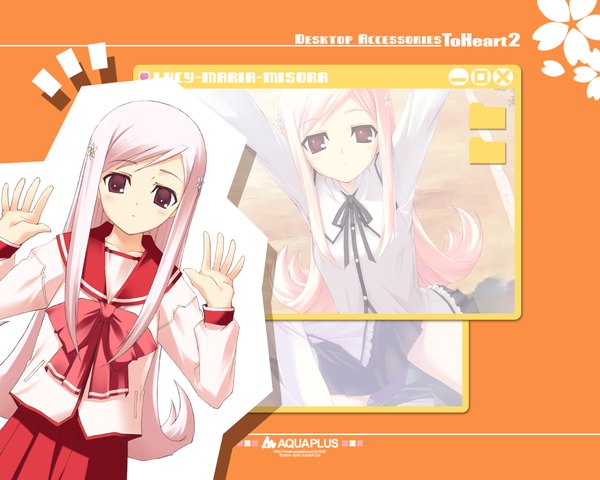 Anime picture 1280x1024 with to heart 2 leaf (studio) lucy maria misora kawata hisashi long hair looking at viewer purple eyes pink hair copyright name character names multiview orange background girl