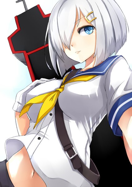 Anime picture 967x1365 with kantai collection hamakaze destroyer asya single tall image looking at viewer blush fringe short hair breasts blue eyes simple background white background white hair hair over one eye girl skirt gloves navel hair ornament