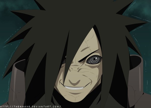 Anime picture 3000x2144 with naruto studio pierrot naruto (series) uchiha madara themnaxs single long hair highres black hair smile cloud (clouds) grey eyes night sky grin coloring portrait face rinnegan boy armor