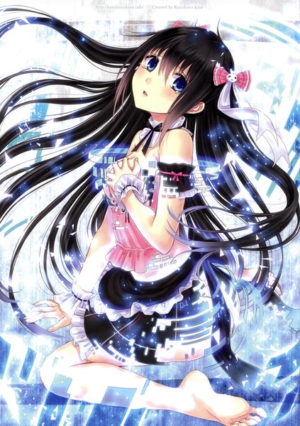 Anime picture 2136x3026 with kazuharu kina single long hair tall image looking at viewer blush highres blue eyes black hair scan girl dress hair ornament ribbon (ribbons) hair ribbon