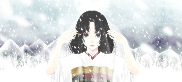Anime picture 1800x815 with original maika (appoo) single highres black hair wide image japanese clothes aqua eyes snowing winter snow mountain girl tree (trees) kimono forest