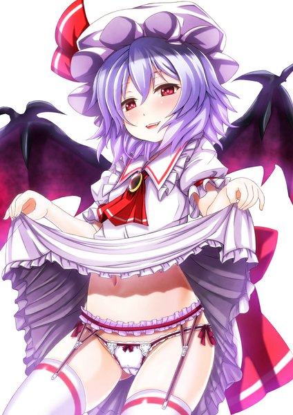 Anime picture 707x1000 with touhou remilia scarlet ebi 193 single tall image looking at viewer blush fringe short hair light erotic simple background smile red eyes white background purple hair cameltoe lolicon girl thighhighs navel