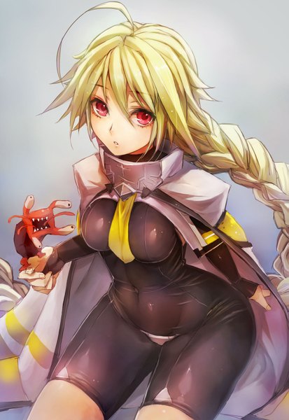 Anime picture 1103x1600 with blazblue lambda-11 taishi (picchiridou) single tall image looking at viewer light erotic simple background blonde hair red eyes ahoge braid (braids) very long hair single braid covered navel skin tight girl navel cape bodysuit