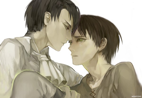 Anime picture 854x590 with shingeki no kyojin production i.g eren yaeger levi (rivaille) memipong short hair black hair simple background brown hair white background green eyes signed multiple boys tears face to face eye contact shounen ai boy 2 boys neckerchief