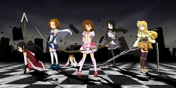 Anime picture 2000x1000 with mahou shoujo madoka magica k-on! shaft (studio) kyoto animation akiyama mio hirasawa yui nakano azusa kotobuki tsumugi tainaka ritsu yamanaka sawako long hair highres short hair blue eyes black hair blonde hair red eyes brown hair wide image multiple girls