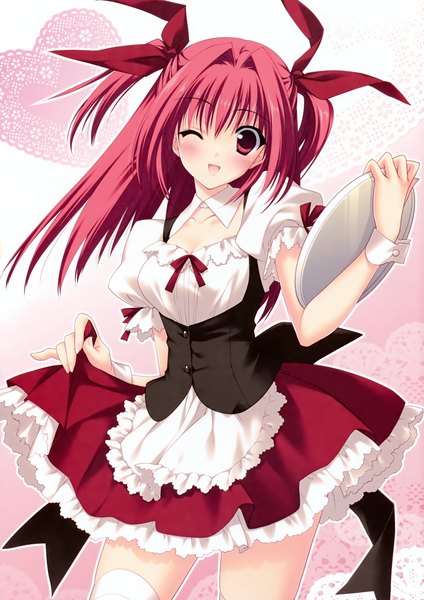 Anime picture 2120x3000 with r.g.b! suzuhira hiro long hair tall image blush highres open mouth red eyes red hair one eye closed wink scan maid girl thighhighs dress bow hair bow white thighhighs