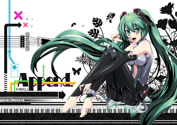 Anime picture 1200x850 with vocaloid vocaloid append hatsune miku hatsune miku (append) hebata long hair open mouth white background twintails green eyes barefoot green hair girl flower (flowers) detached sleeves necktie
