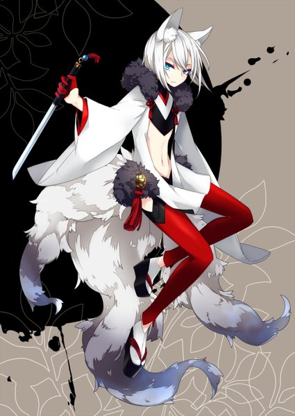 Anime picture 1062x1500 with original merlusa single tall image looking at viewer fringe short hair blue eyes holding animal ears white hair tail animal tail fox ears fox tail multiple tails girl gloves navel weapon