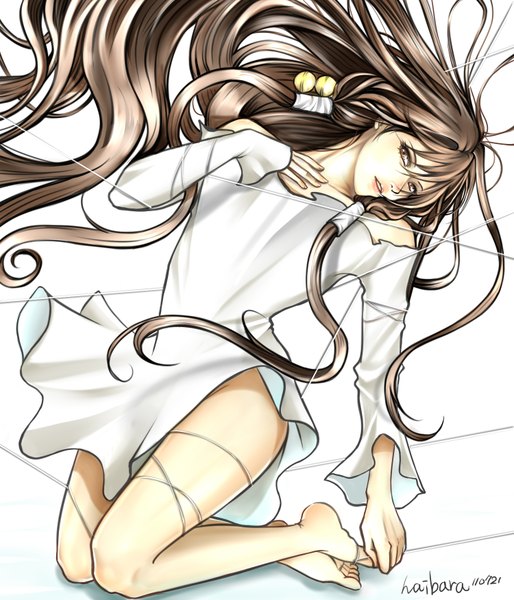 Anime picture 1500x1750 with getbackers studio deen fuuchouin kazuki haibara single long hair tall image looking at viewer simple background brown hair white background bare shoulders brown eyes signed lying barefoot lips bare legs otoko no ko boy