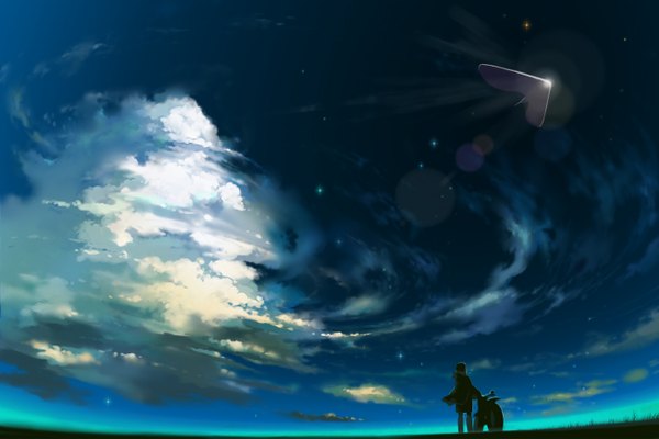 Anime picture 1400x935 with original kajimiya (kaji) sky cloud (clouds) flying landscape scenic boy star (stars) motorcycle ufo