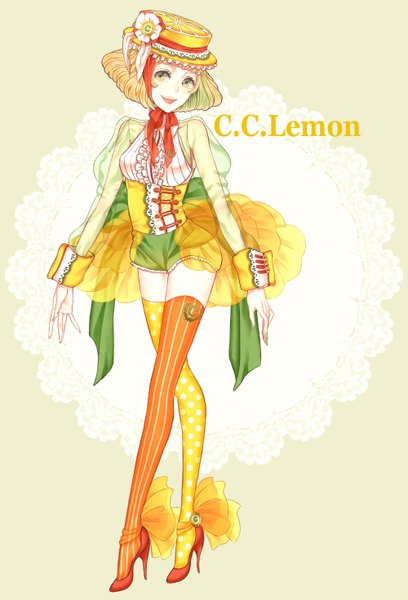 Anime picture 1000x1471 with original c.c. lemon c.c. lemon (character) conoco single tall image looking at viewer short hair open mouth simple background blonde hair yellow eyes inscription high heels polka dot different thighhighs girl thighhighs hat shorts