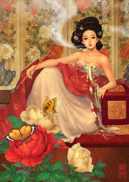 Anime picture 621x877 with original obsidian single tall image black hair brown hair sitting bare shoulders traditional clothes black eyes sleeveless floral print smoke smoking korean clothes girl hair ornament flower (flowers) plant (plants) hairclip