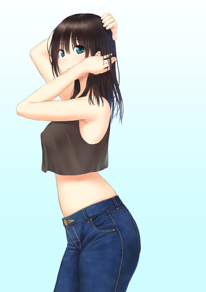 Anime picture 800x1132 with original ese shinshi single long hair tall image looking at viewer blue eyes black hair midriff girl jeans blue jeans