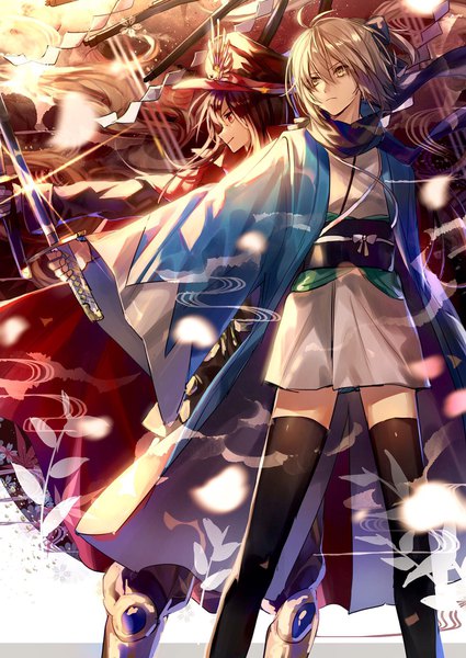 Anime picture 1450x2048 with fate (series) fate/grand order koha-ace okita souji (fate) (all) okita souji (koha-ace) oda nobunaga (fate) (all) oda nobunaga (fate) tsugutoku long hair tall image fringe short hair blonde hair smile hair between eyes red eyes brown hair multiple girls holding yellow eyes