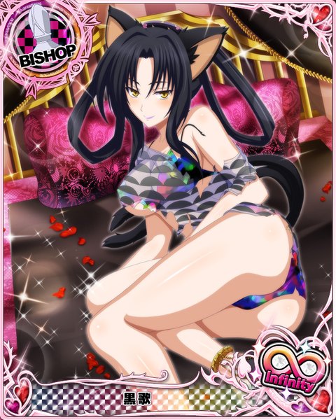 Anime picture 640x800 with highschool dxd kuroka (high school dxd) single long hair tall image looking at viewer blush light erotic black hair smile animal ears yellow eyes tail animal tail cat ears cat girl cat tail torn clothes card (medium) girl