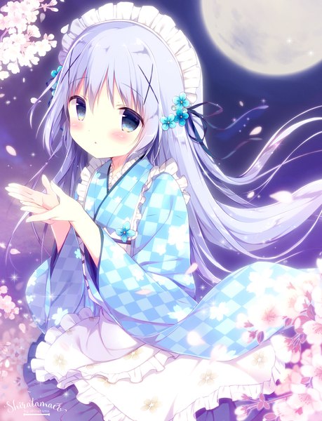 Anime picture 776x1014 with gochuumon wa usagi desu ka? white fox kafuu chino shiratama (shiratamaco) single long hair tall image looking at viewer blush fringe blue eyes hair between eyes purple hair traditional clothes japanese clothes cherry blossoms checkered cute wa maid girl