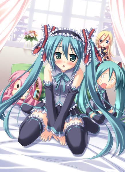 Anime picture 1300x1789 with vocaloid hatsune miku megurine luka single tall image white background twintails green eyes aqua hair chibi o o solid eyes girl detached sleeves character doll
