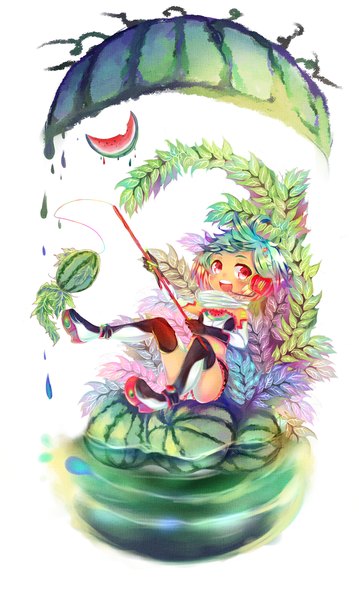 Anime picture 1000x1671 with original yune-d single tall image short hair open mouth white background sitting pink eyes green hair girl plant (plants) detached sleeves water food shorts headphones scarf leaf (leaves) thigh boots