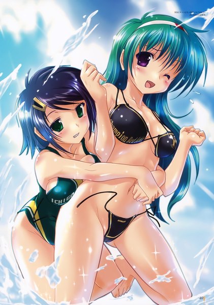 Anime picture 4912x7004 with komatsu eiji long hair tall image blush highres short hair breasts open mouth light erotic black hair purple eyes multiple girls green eyes absurdres one eye closed green hair wink scan official art hug