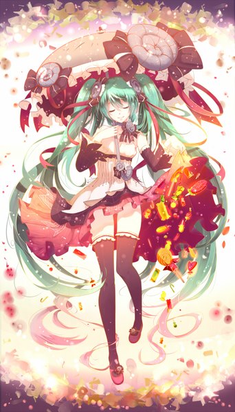 Anime picture 1000x1750 with vocaloid hatsune miku phino (jinko0094) single tall image twintails very long hair aqua hair girl thighhighs dress ribbon (ribbons) black thighhighs hair ribbon detached sleeves food sweets umbrella