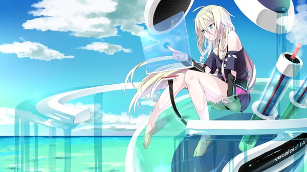 Anime picture 1920x1080 with vocaloid ia (vocaloid) long hair blush highres blue eyes blonde hair wide image bare shoulders cloud (clouds) barefoot legs girl miniskirt
