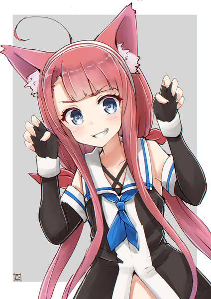 Anime picture 800x1133 with kantai collection kawakaze (kantai collection) nayuhi (yukimuu14) single long hair tall image looking at viewer blush fringe open mouth blue eyes simple background smile twintails bare shoulders animal ears pink hair upper body ahoge cat ears