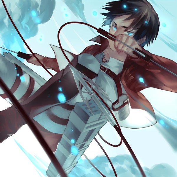 Anime picture 1594x1594 with shingeki no kyojin production i.g eren yaeger joseph lee single looking at viewer fringe short hair brown hair holding sky cloud (clouds) glowing glowing eye (eyes) serious dual wielding glow weightlessness boy uniform