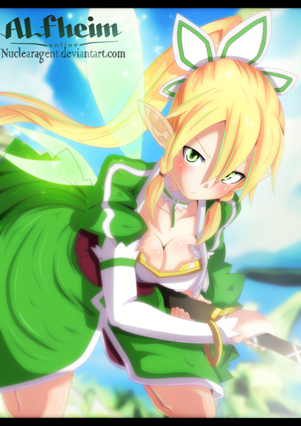 Anime picture 1200x1698 with sword art online a-1 pictures leafa nuclearagent single long hair tall image blush fringe blonde hair hair between eyes green eyes sky cloud (clouds) ponytail pointy ears inscription coloring letterboxed insect wings