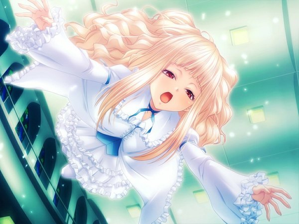 Anime picture 1024x768 with before dawn daybreak leonora (before dawn daybreak) long hair open mouth blonde hair red eyes game cg girl dress