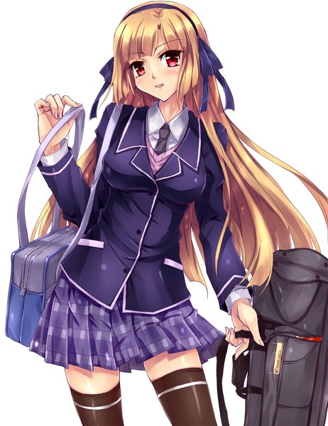 Anime picture 787x1023 with original follen (639594) single long hair tall image blush simple background blonde hair red eyes white background girl thighhighs skirt uniform black thighhighs school uniform hairband bag school bag
