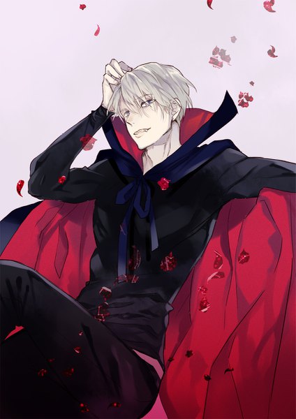 Anime picture 849x1200 with yuri!!! on ice mappa viktor nikiforov hash (artist) single tall image looking at viewer fringe short hair simple background sitting silver hair hair over one eye fang (fangs) halloween hand on head silver eyes vampire boy petals