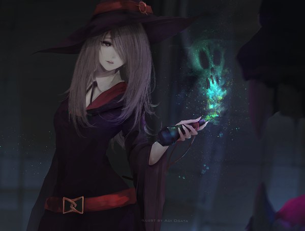 Anime picture 4300x3271 with little witch academia studio trigger sucy manbavaran aoi ogata single long hair fringe highres brown hair holding brown eyes signed looking away absurdres parted lips light smile hair over one eye wide sleeves teeth magic
