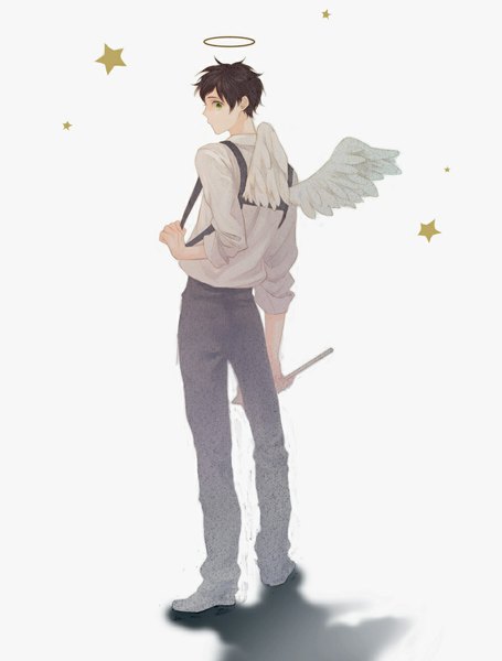 Anime picture 886x1169 with axis powers hetalia studio deen spain (hetalia) ueda (artist) single tall image looking at viewer short hair black hair simple background white background green eyes looking back from behind shadow white wings fake wings boy wings star (symbol)