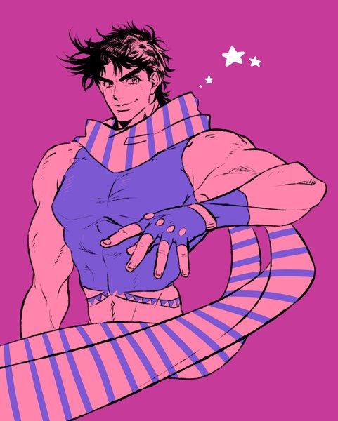 Anime picture 857x1068 with jojo no kimyou na bouken joseph joestar (young) matcha cream v single tall image short hair simple background smile bare shoulders looking away upper body eyebrows pink background muscle messy hair partially colored boy gloves scarf fingerless gloves