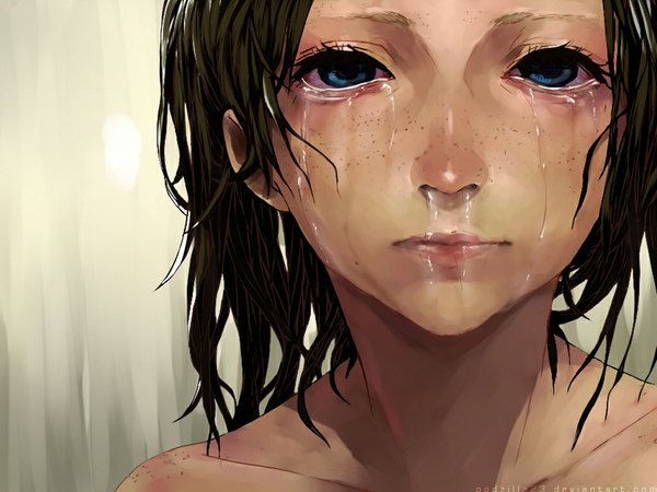 Anime picture 1024x768 with original godzilla23 (artist) single blue eyes brown hair tears portrait close-up face freckles