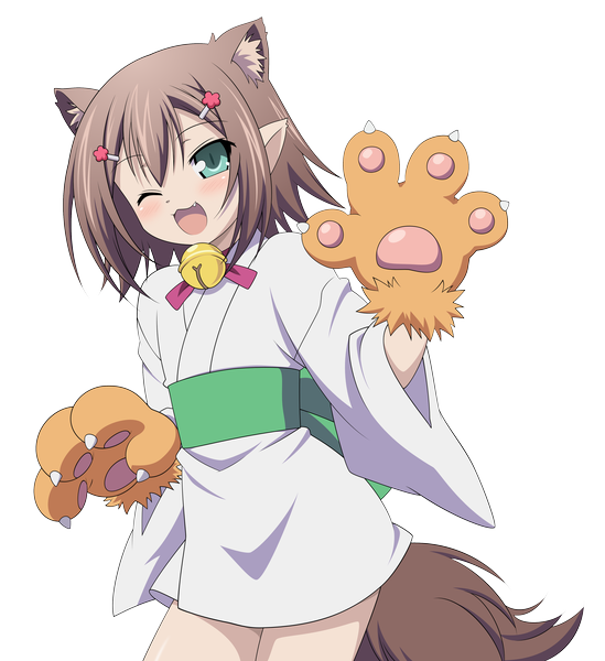Anime picture 3890x4250 with baka to test to shoukanjuu silver link kinoshita hideyoshi madwulf (artist) single tall image blush highres short hair open mouth brown hair green eyes animal ears absurdres one eye closed wink cat ears transparent background vector otoko no ko