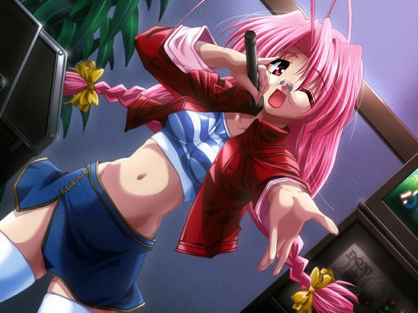 Anime picture 1024x768 with momiji happy story (game) red eyes pink hair game cg singing karaoke girl