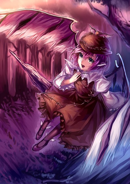 Anime picture 1414x2000 with touhou mystia lorelei uu uu zan single tall image looking at viewer fringe short hair open mouth sitting brown eyes purple hair long sleeves from above wide sleeves white wings girl plant (plants) hat pantyhose