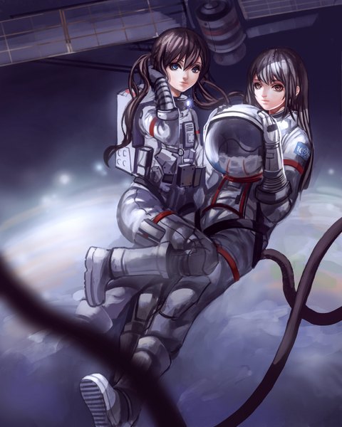 Anime picture 2480x3098 with original baka (mh6516620) long hair tall image looking at viewer highres blue eyes black hair twintails multiple girls brown eyes girl 2 girls helmet spacesuit