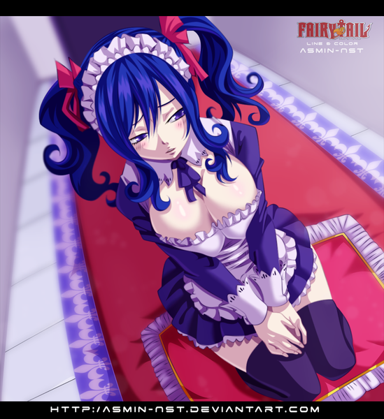 Anime picture 1000x1093 with fairy tail juvia lockser iitheluciferii single long hair tall image blush light erotic twintails purple eyes blue hair inscription maid copyright name kneeling coloring letterboxed girl thighhighs ribbon (ribbons)