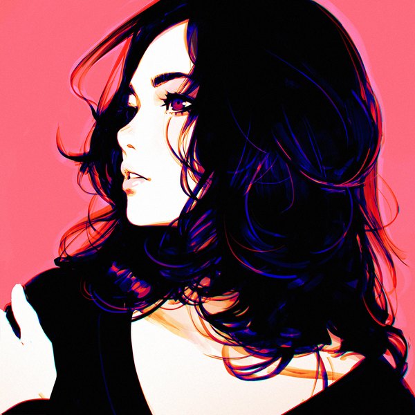 Anime picture 1080x1080 with original ilya kuvshinov single long hair open mouth black hair simple background looking away upper body long sleeves profile pink eyes lips teeth lipstick portrait eyebrows pink background pink lipstick makeup