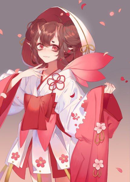 Anime picture 2031x2834 with onmyoji momo (onmyoji) dj.adonis single tall image looking at viewer fringe highres short hair simple background hair between eyes red eyes brown hair ahoge traditional clothes japanese clothes horn (horns) pointy ears hair bun (hair buns) gradient background