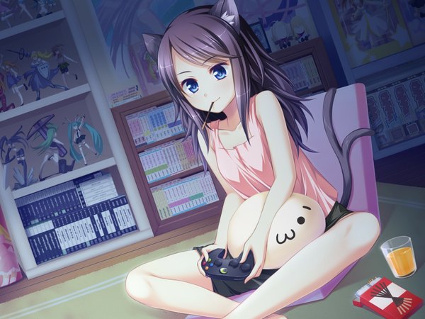 Anime picture 1600x1200 with otomimi infinity (game) suzune mayoi short hair blue eyes animal ears game cg purple hair cat ears cat tail loli girl sweets pocky