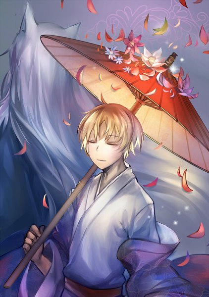 Anime picture 756x1075 with natsume yuujinchou brains base (studio) natsume takashi madara (nyanko-sensei) zhuagui tall image short hair blonde hair holding eyes closed traditional clothes japanese clothes wide sleeves glow boy flower (flowers) petals umbrella yukata oriental umbrella