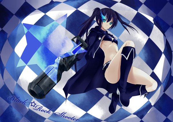 Anime picture 3508x2480 with black rock shooter black rock shooter (character) konimaru single long hair highres blue eyes black hair twintails absurdres glowing scar glowing eye (eyes) checkered background girl weapon shorts cloak bikini top