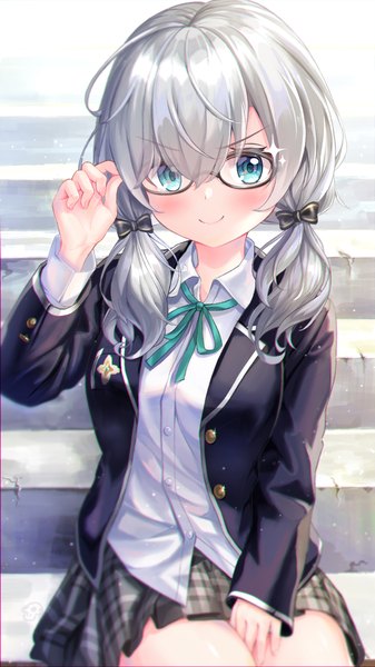 Anime picture 1624x2888 with virtual youtuber nijisanji ars almal tyutaka0427 single long hair tall image looking at viewer fringe blue eyes smile hair between eyes sitting twintails silver hair low twintails adjusting glasses girl uniform bow