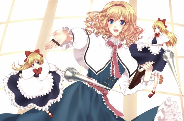 Anime picture 1060x700 with touhou alice margatroid iga tomoteru short hair open mouth blue eyes blonde hair girl dress bow weapon hair bow frills spear doll (dolls)