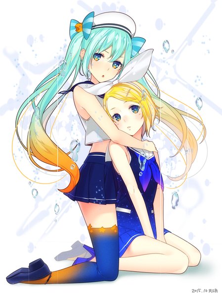 Anime picture 823x1100 with vocaloid hatsune miku kagamine rin marine miku ama mitsuki long hair tall image looking at viewer blush fringe short hair open mouth blonde hair standing sitting twintails multiple girls signed head tilt pleated skirt